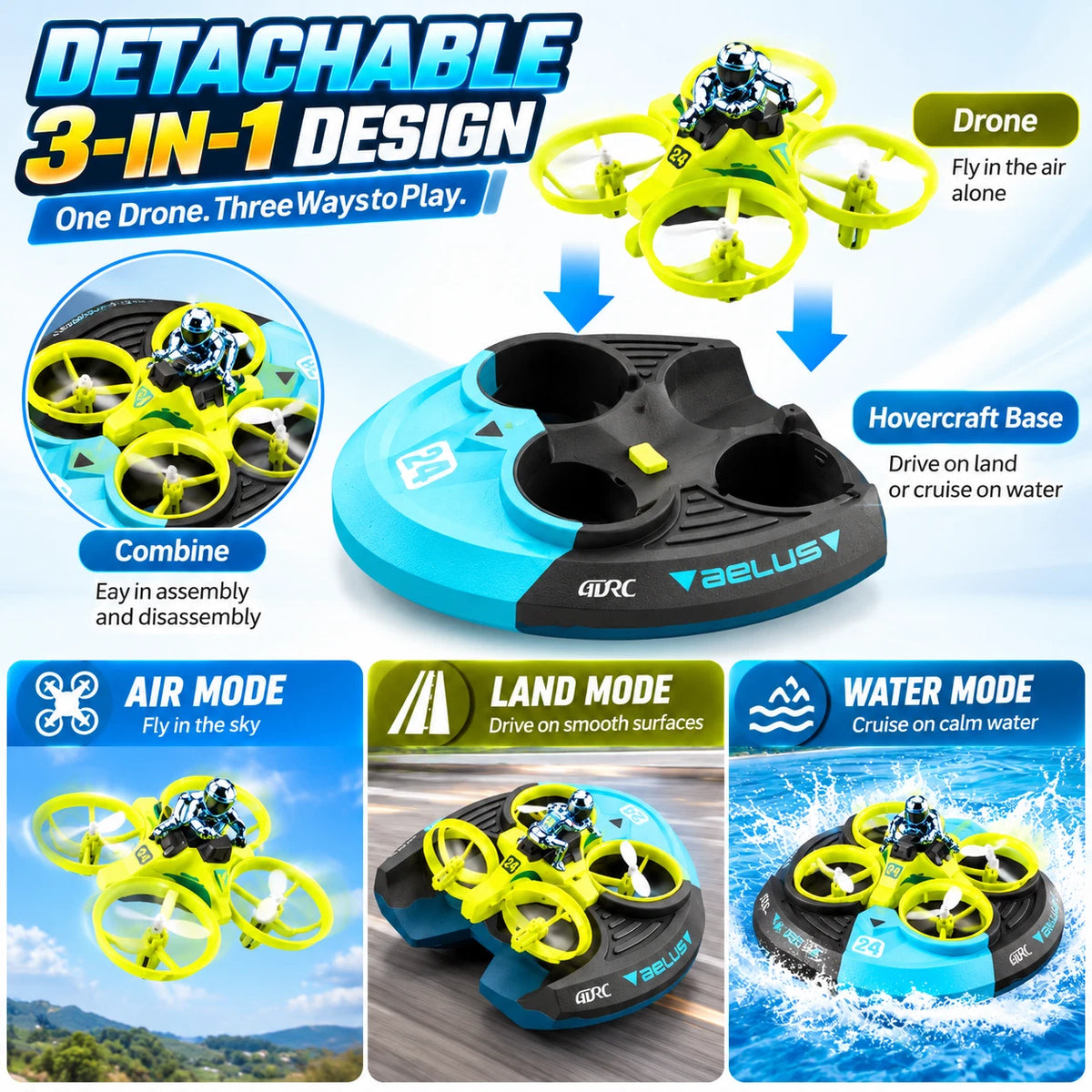 3 in 1 RC Drone Flying Hovercraft Air Land Water Remote Control Boat Toy Gifts