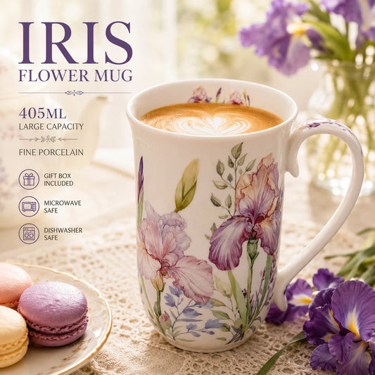 1-6x Fine Porcelain Iris Flower Coffee Mug 405ml Tea Cup Floral Design Gift
