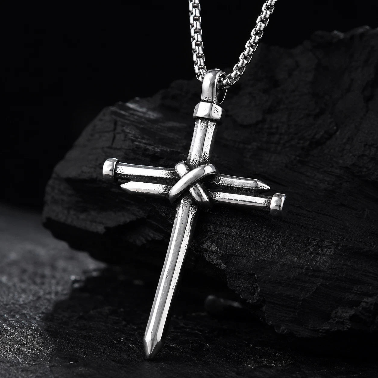 Men Stainless Steel Nail Cross Necklace Silver Crucifix Pendant Religious Jewelry Chain PN0328