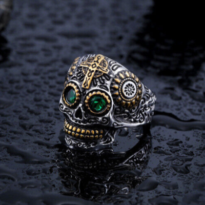 Men Individuality Amulet Stone Strength Edgy Cross Craft Totem Skull Biker Rings # R260