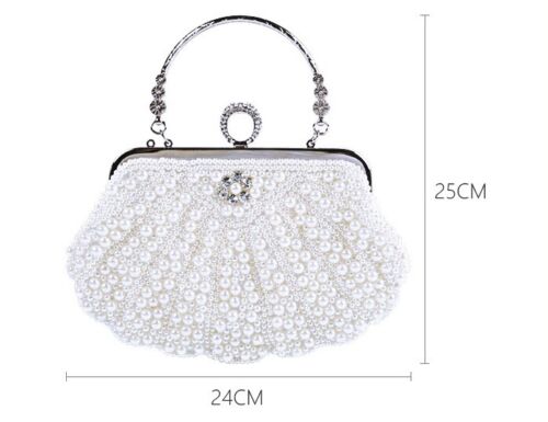 Women Sparkling Faux Pearl Bead Top Handle Bag Wedding Prom Party Evening Clutch