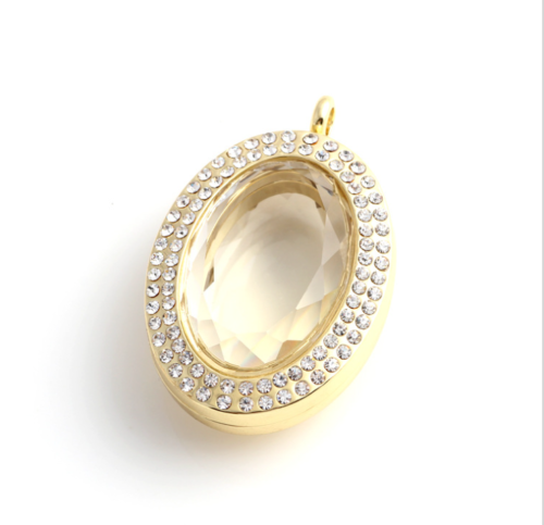 Ellipse Memory Floating Charm Crystal Glass Oval Locket Pendant with Necklace
