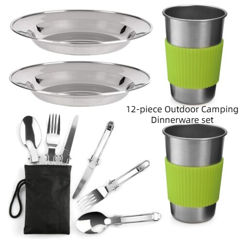 2 Persons Portable Cutlery Plate Stainless 12-pieces Set Outdoor Camp Barbecue