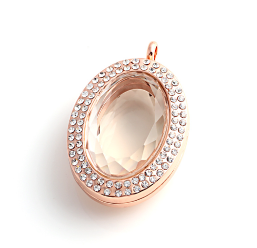 Ellipse Memory Floating Charm Crystal Glass Oval Locket Pendant with Necklace