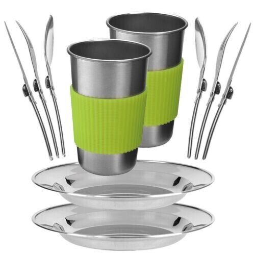 2 Persons Portable Cutlery Plate Stainless 12-pieces Set Outdoor Camp Barbecue