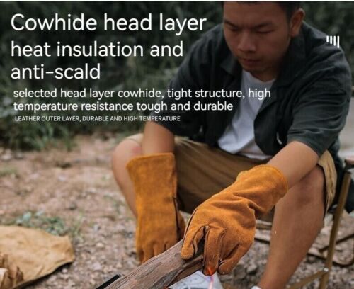 Outdoor Camp BBQ Long Anti-hot Gloves Cowhide Leather Heat Resistant Protection