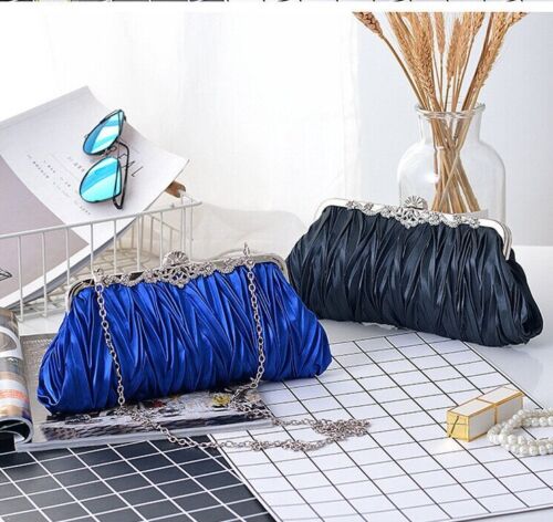 Women Satin Wedding Party Bag Bridal Cocktail Prom Pleated Dinner Evening Clutch