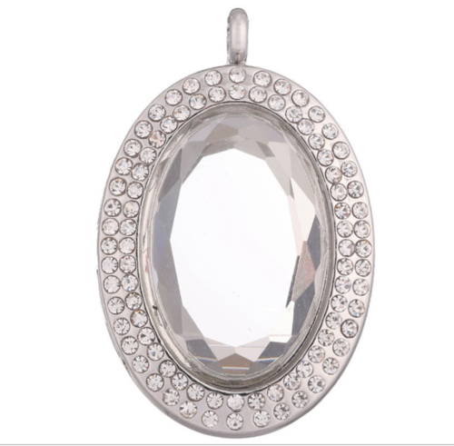 Ellipse Memory Floating Charm Crystal Glass Oval Locket Pendant with Necklace