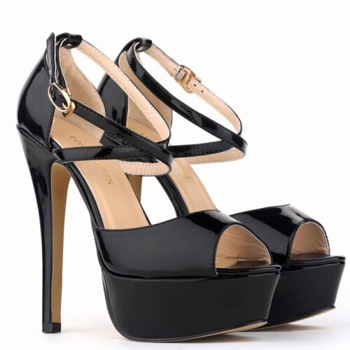 WOMENS PATENT PLATFORM HIGH HEELS OPEN TOE CORSET SANDALS COURT SHOES