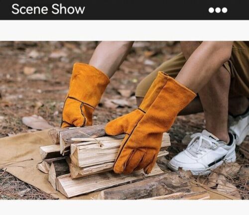 Outdoor Camp BBQ Long Anti-hot Gloves Cowhide Leather Heat Resistant Protection