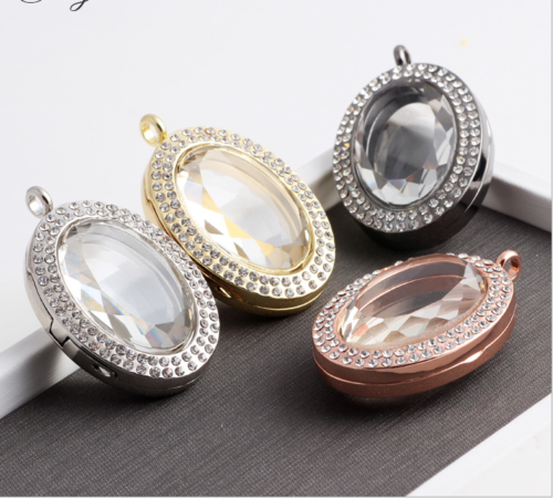 Ellipse Memory Floating Charm Crystal Glass Oval Locket Pendant with Necklace
