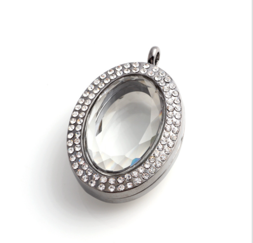 Ellipse Memory Floating Charm Crystal Glass Oval Locket Pendant with Necklace