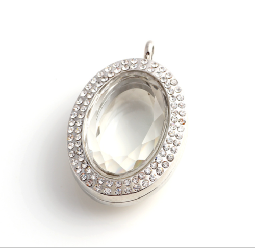 Ellipse Memory Floating Charm Crystal Glass Oval Locket Pendant with Necklace