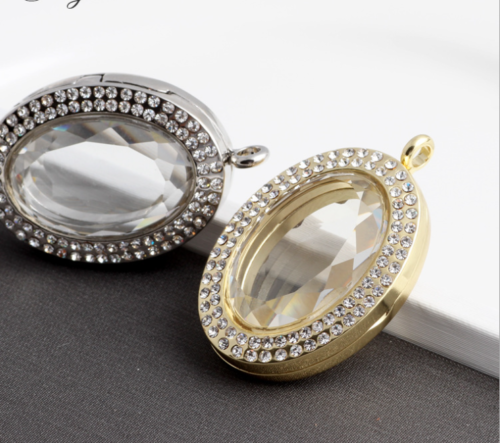 Ellipse Memory Floating Charm Crystal Glass Oval Locket Pendant with Necklace