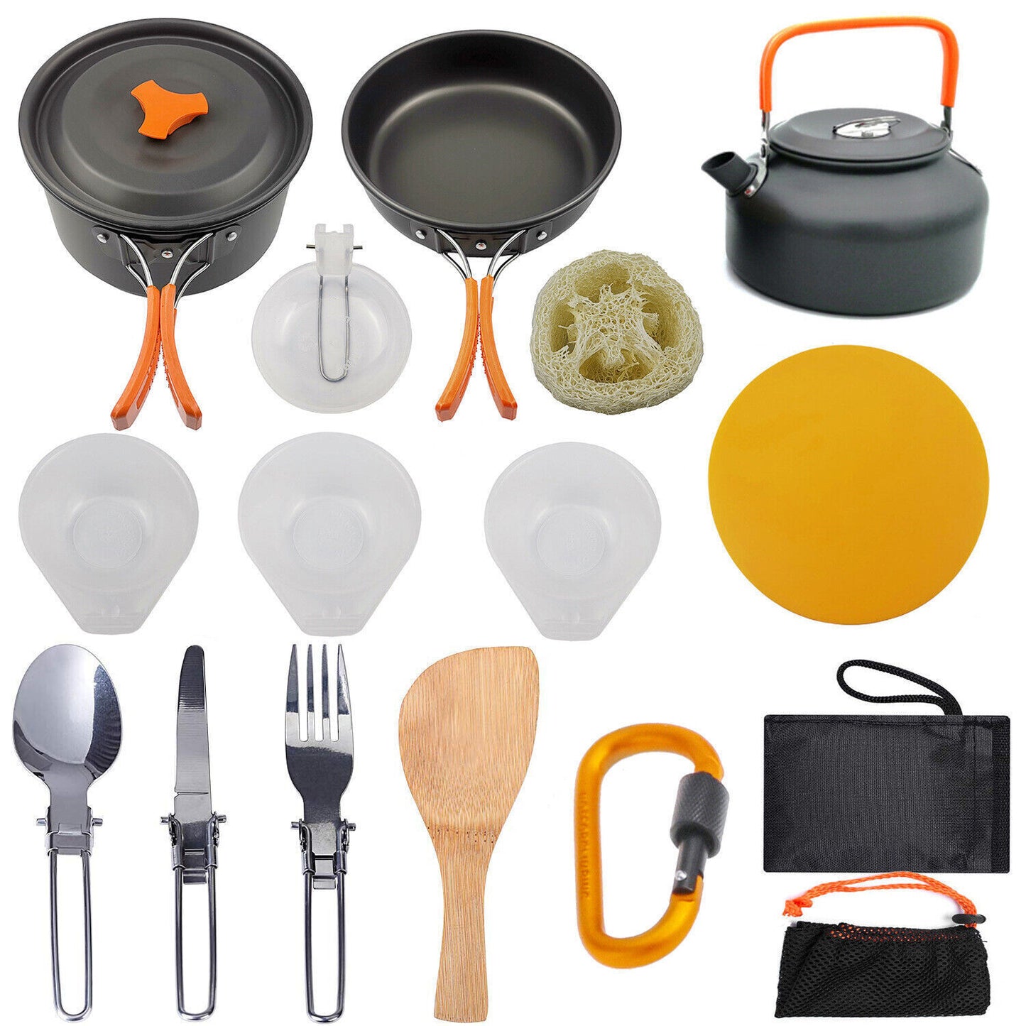Outdoor Portable Camping Picnic Pots Pans Teapot Set With Cut Board Cutlery